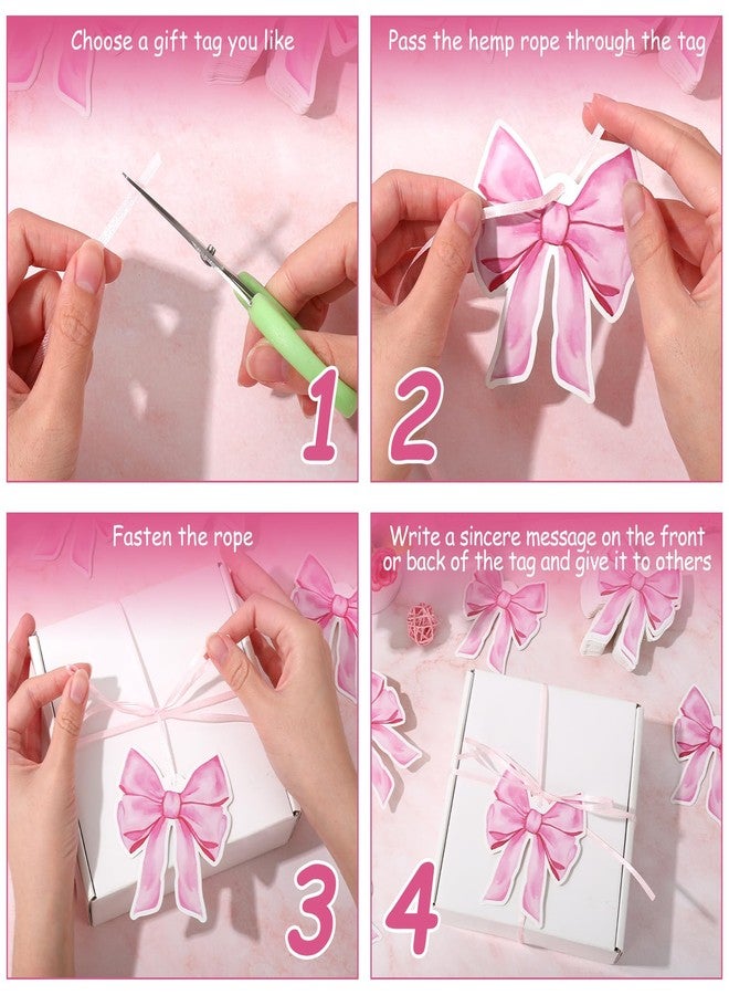 JarThenaAMCS مجموعة جارثينا إيه إم سي إس، ١٠٠ قطعة من بطاقات هدايا على شكل فيونكة وردية، بطاقات ورقية معلقة بفيونكة مائية مع خيط من الحرير، بطاقات شكر، مثالية لتغليف هدايا عيد الحب وأعياد الميلاد، ولوازم حفلات التوزيعات. - Image 3